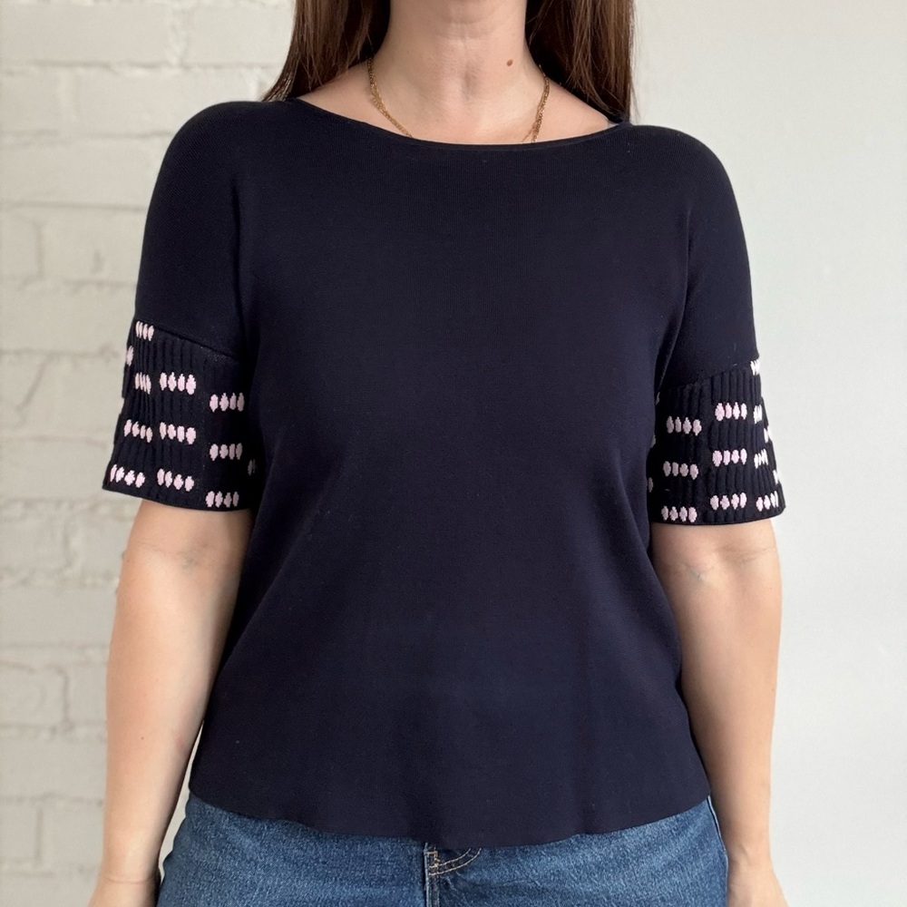 COS Navy Blue Women's Knit Top with Pink Accents Size Small